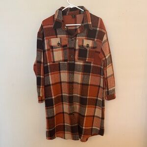 Plaid Flannel Shacket Long Jacket Orange & Brown Women SizeS